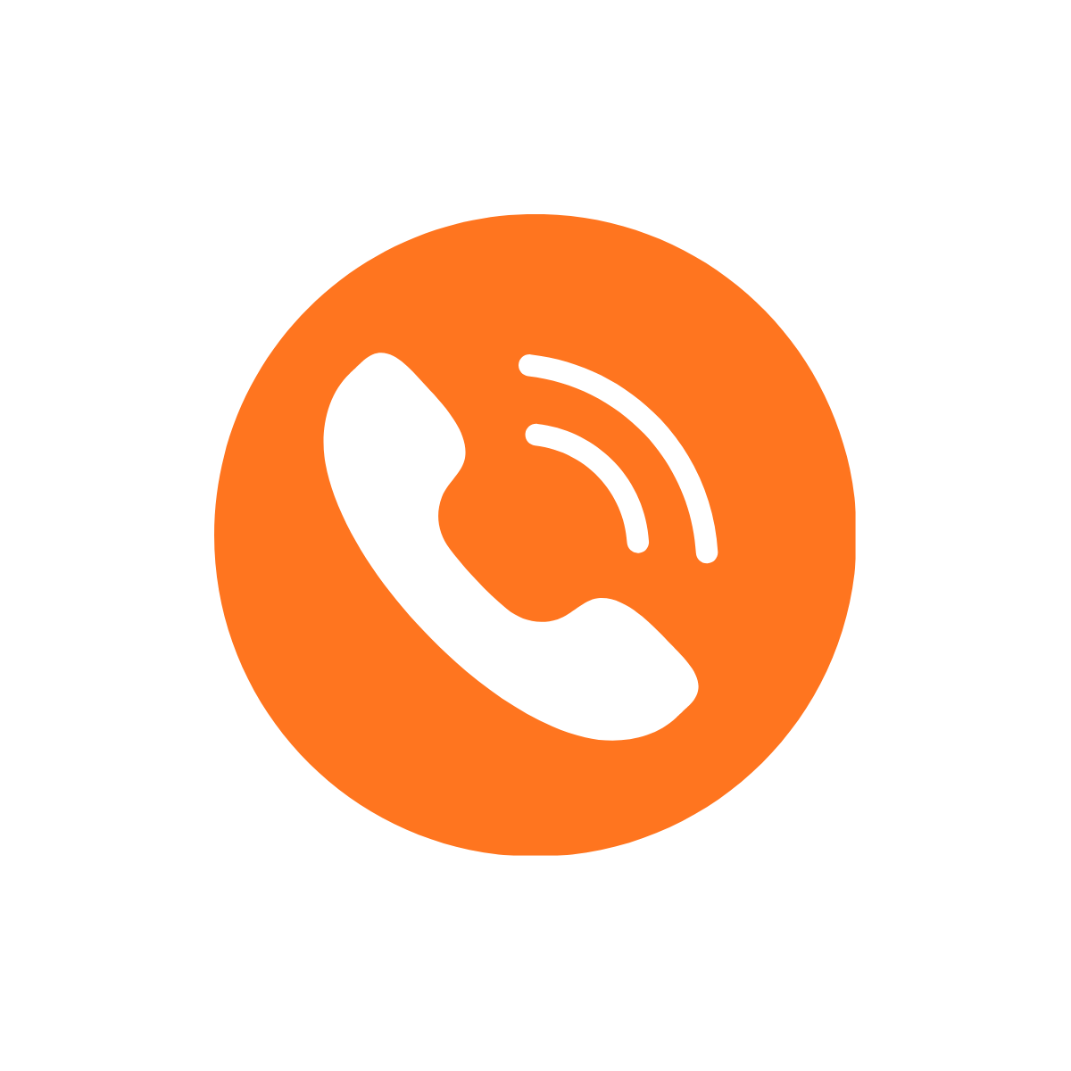 Icon of a black telephone handset with sound waves on an orange circular background, indicating a phone call or ringing.