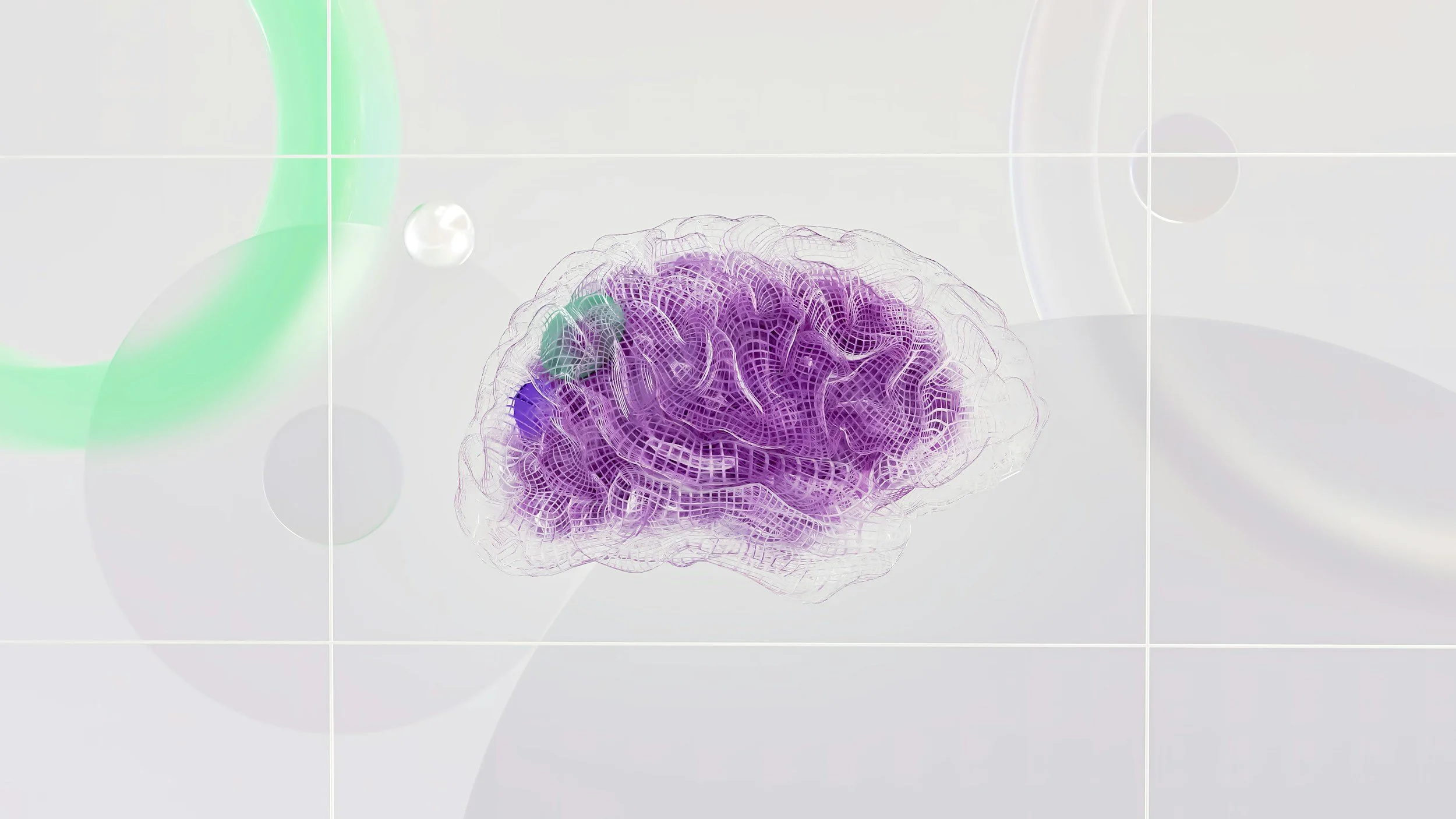 Abstract digital illustration of a purple wireframe brain with green areas, set against a light background with faint geometric shapes and circular elements.