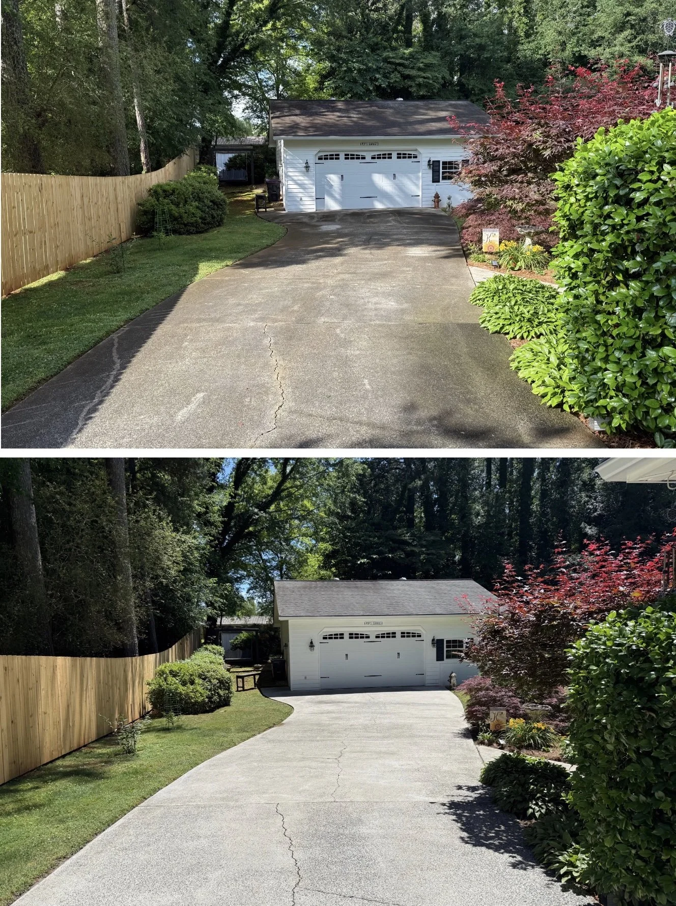 Before and after comparison of a driveway before and after cleaning, with the driveway now appearing brighter and free of stains.