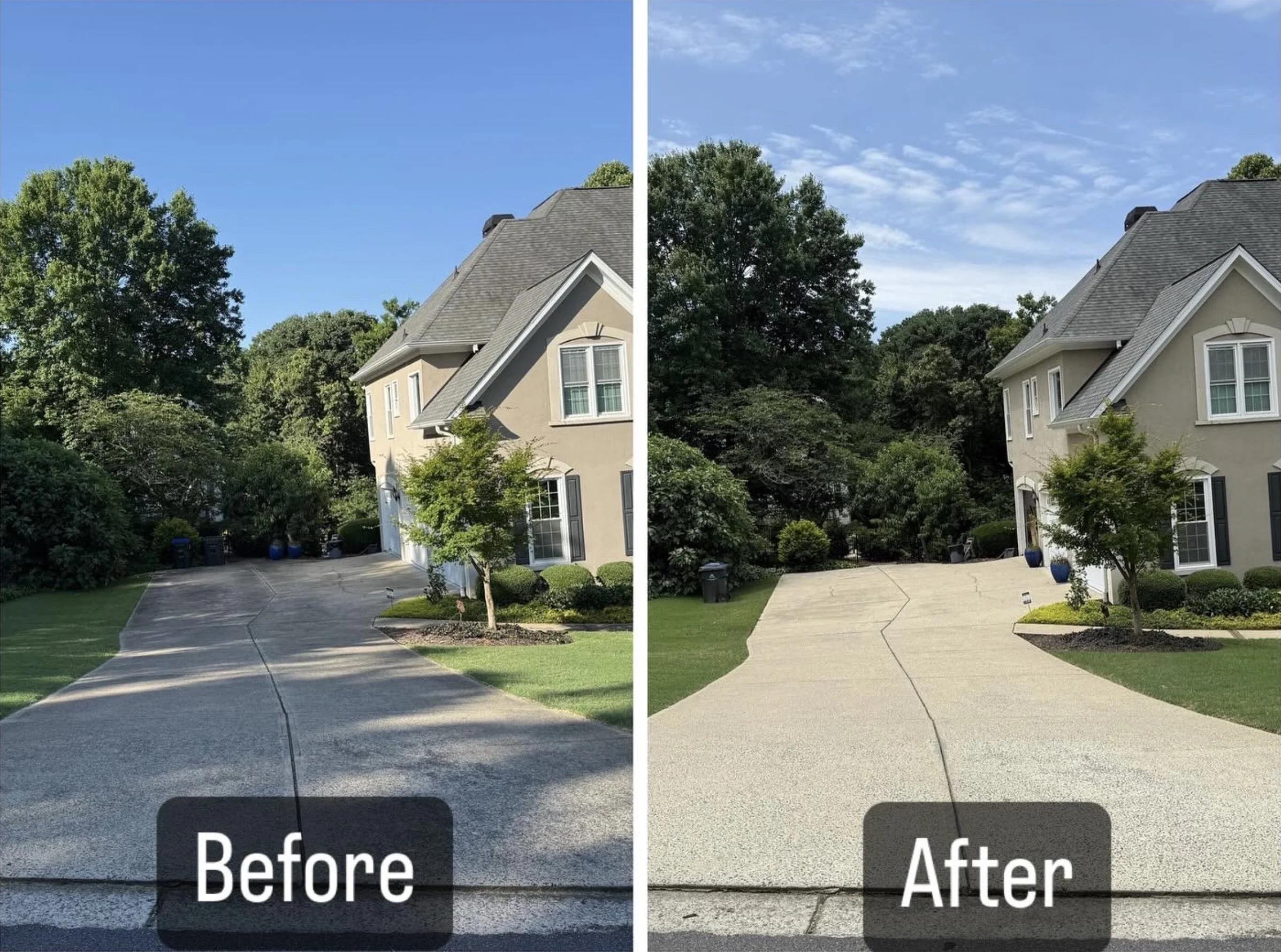 Comparison image showing a driveway before and after cleaning. The left side labeled 'Before' shows a darker, weathered concrete driveway. The right side labeled 'After' shows a lighter, cleaner concrete driveway, with the house and green grass in the background.