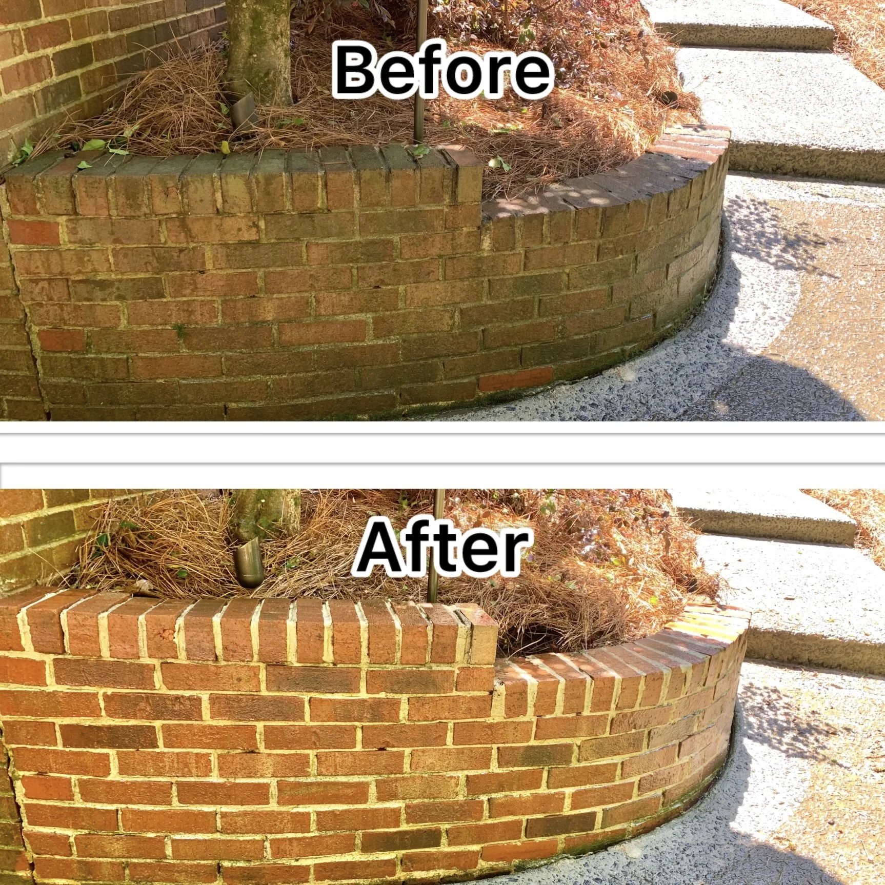 Side-by-side comparison of a brick garden bed before and after cleaning, with the 'Before' showing dirty, darker bricks and the 'After' showing clean, brighter bricks.