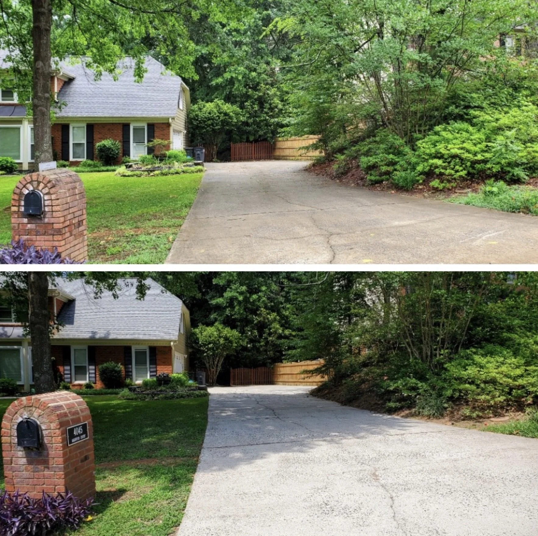 Side-by-side comparison of a residential driveway before and after cleaning; the top image shows a dirty, stained concrete driveway, while the bottom image shows the same driveway cleaned and brightened.