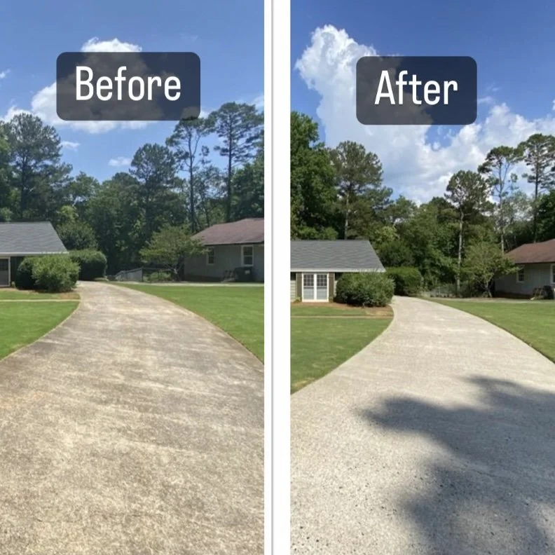 Side-by-side comparison of a driveway before and after being cleaned, with a house, trees, and blue sky in the background.