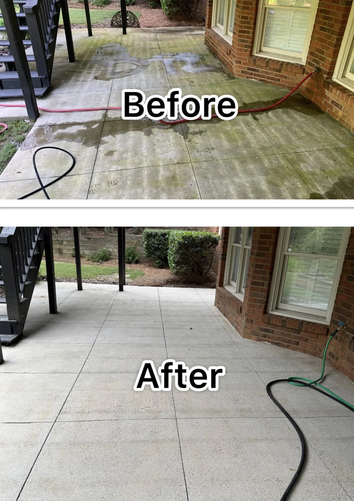 Comparison of a dirty, mossy concrete porch before cleaning and a clean, bright concrete porch after cleaning.