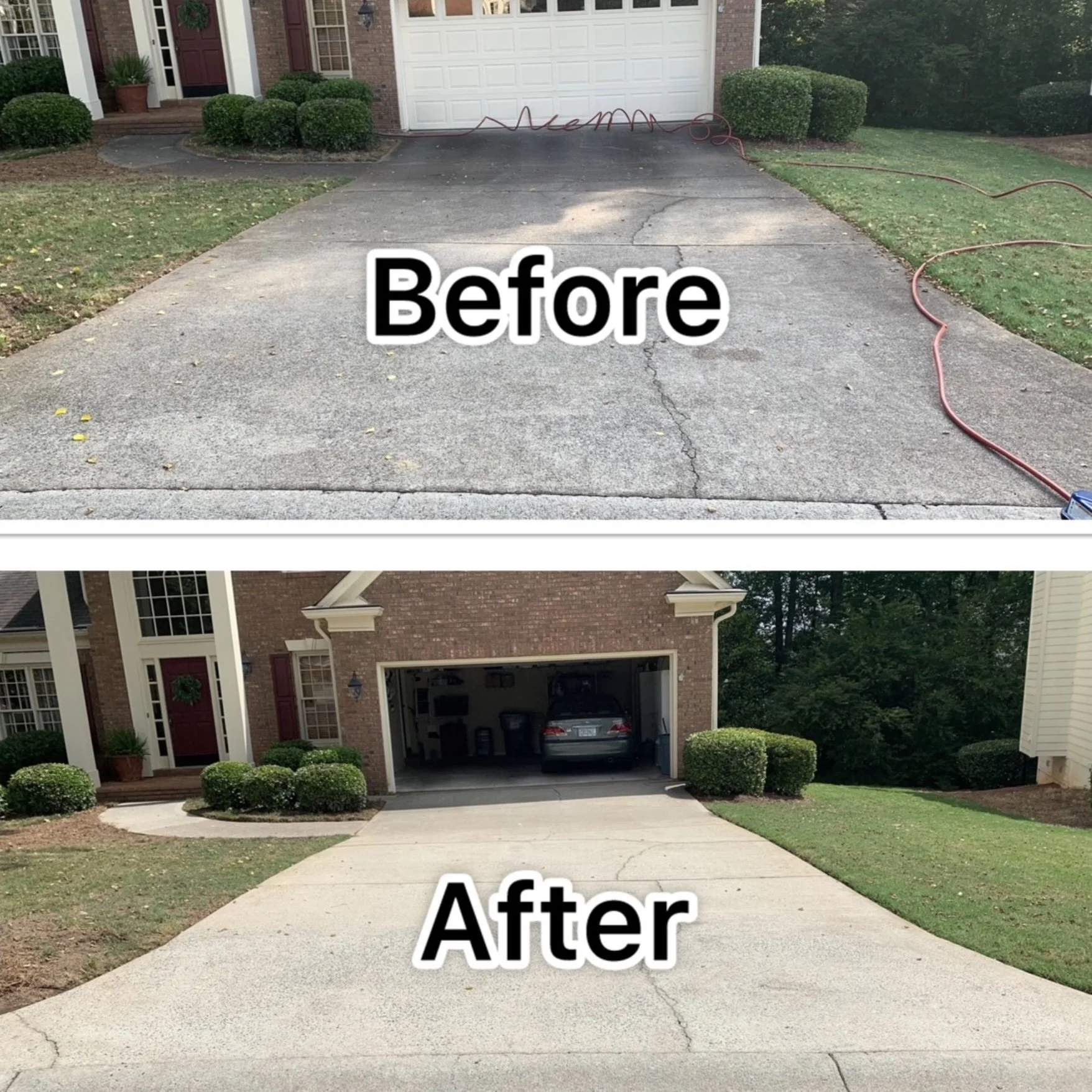 Comparison of a driveway before and after cleaning or sealing. The 'Before' shows a darker, stained concrete surface, while the 'After' displays a lighter, cleaner surface.