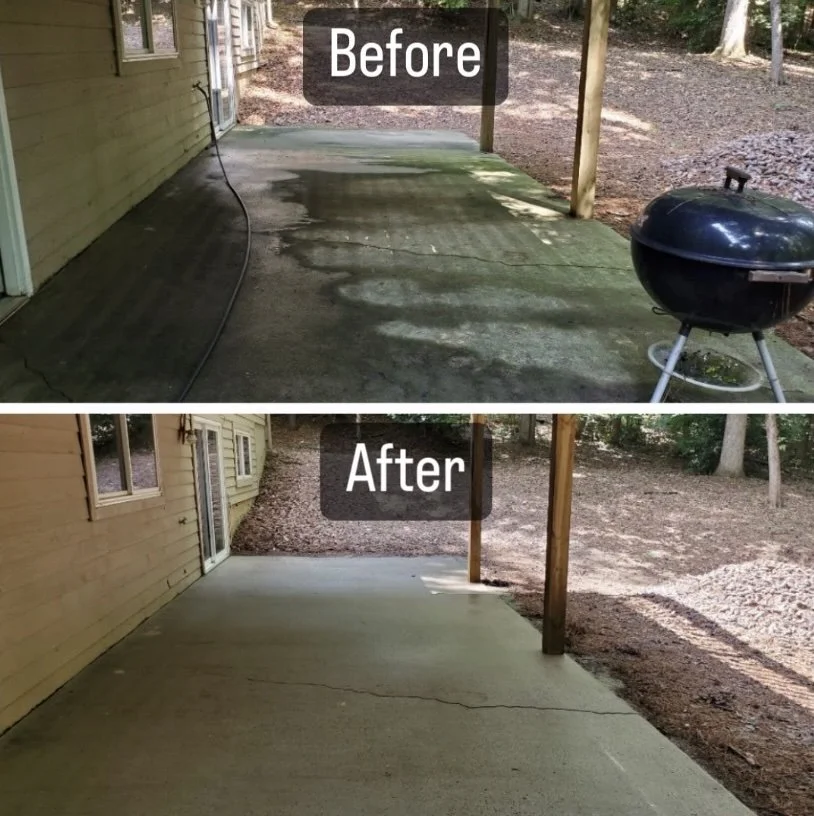 Side-by-side comparison of a porch before and after cleaning. The top photo labeled 'Before' shows a dirty, stained concrete porch with dark patches and a garden hose. The bottom photo labeled 'After' shows a clean, freshly sealed concrete porch with a smooth, light-colored surface.