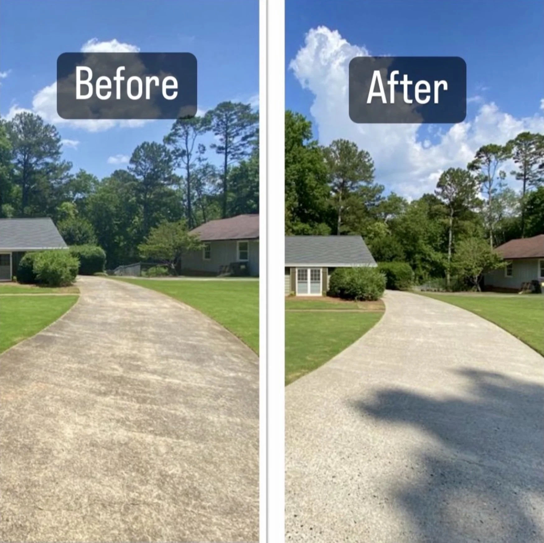 Side-by-side comparison of a driveway before and after cleaning; the 'before' shows a stained, dirty driveway, and the 'after' shows a cleaner, brighter driveway with a shadow cast over part of it.