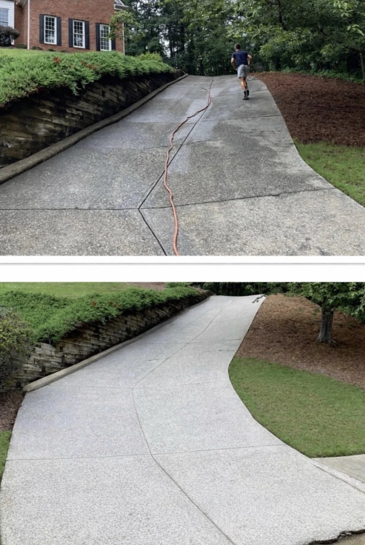 A before-and-after comparison of a sloped driveway. The top shows a cracked, uneven driveway with a hose on it, and the bottom shows a newly resurfaced, smooth driveway.