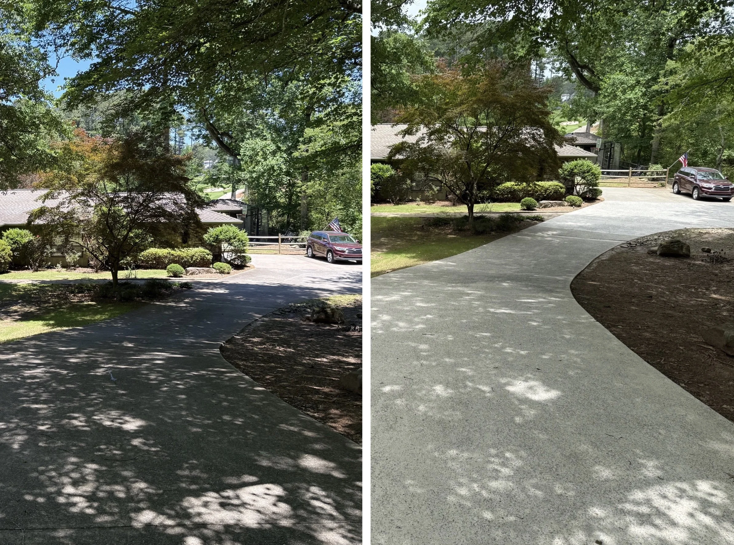 Side-by-side comparison of a concrete walkway: the left side shows the walkway with shadows from tree leaves, while the right side shows the same walkway after cleaning, with a lighter, smoother surface and no shadows.