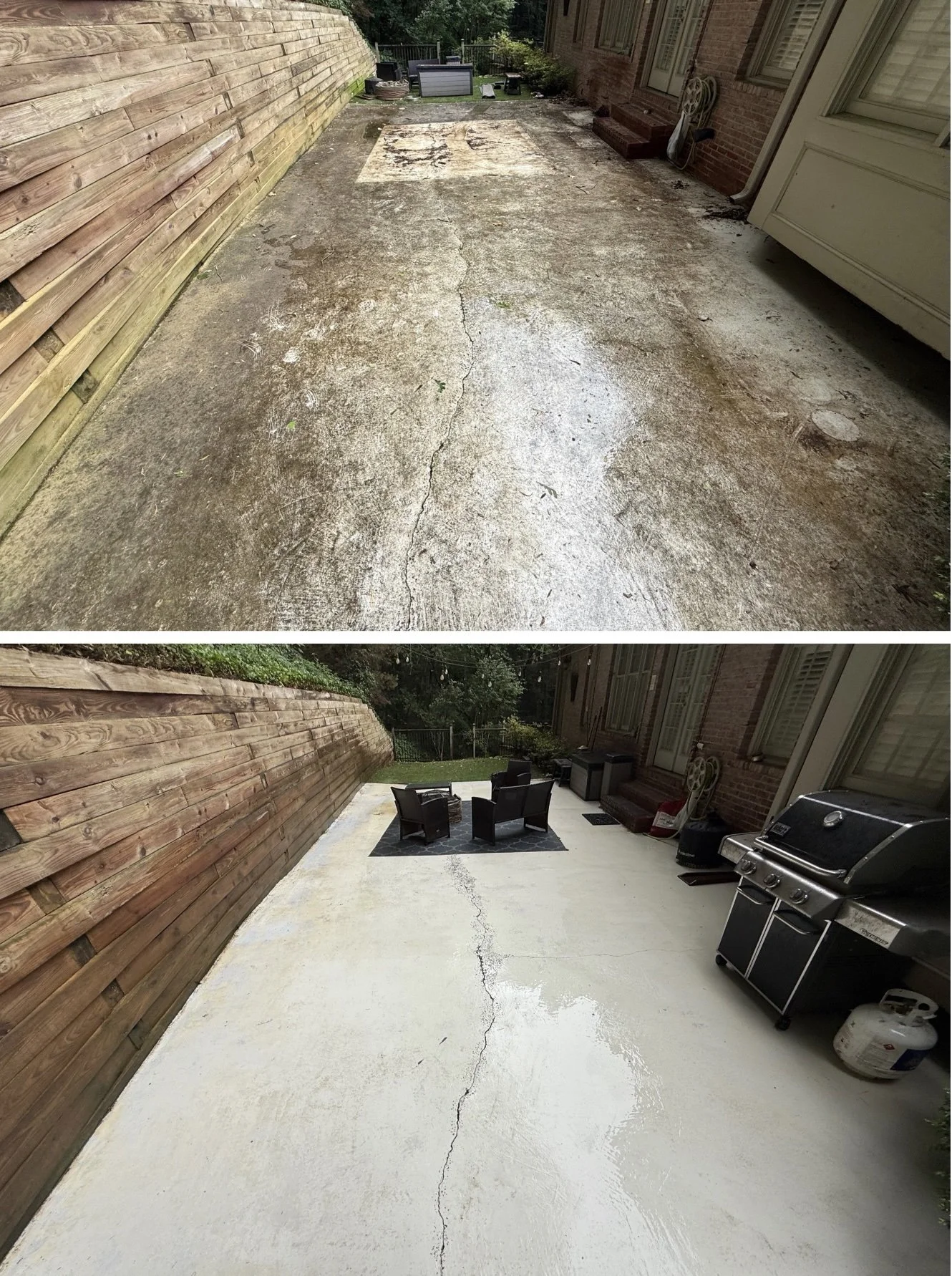 Comparison of a dirty, cracked concrete patio before and after cleaning and resurfacing, with outdoor furniture, grill, and hose visible.