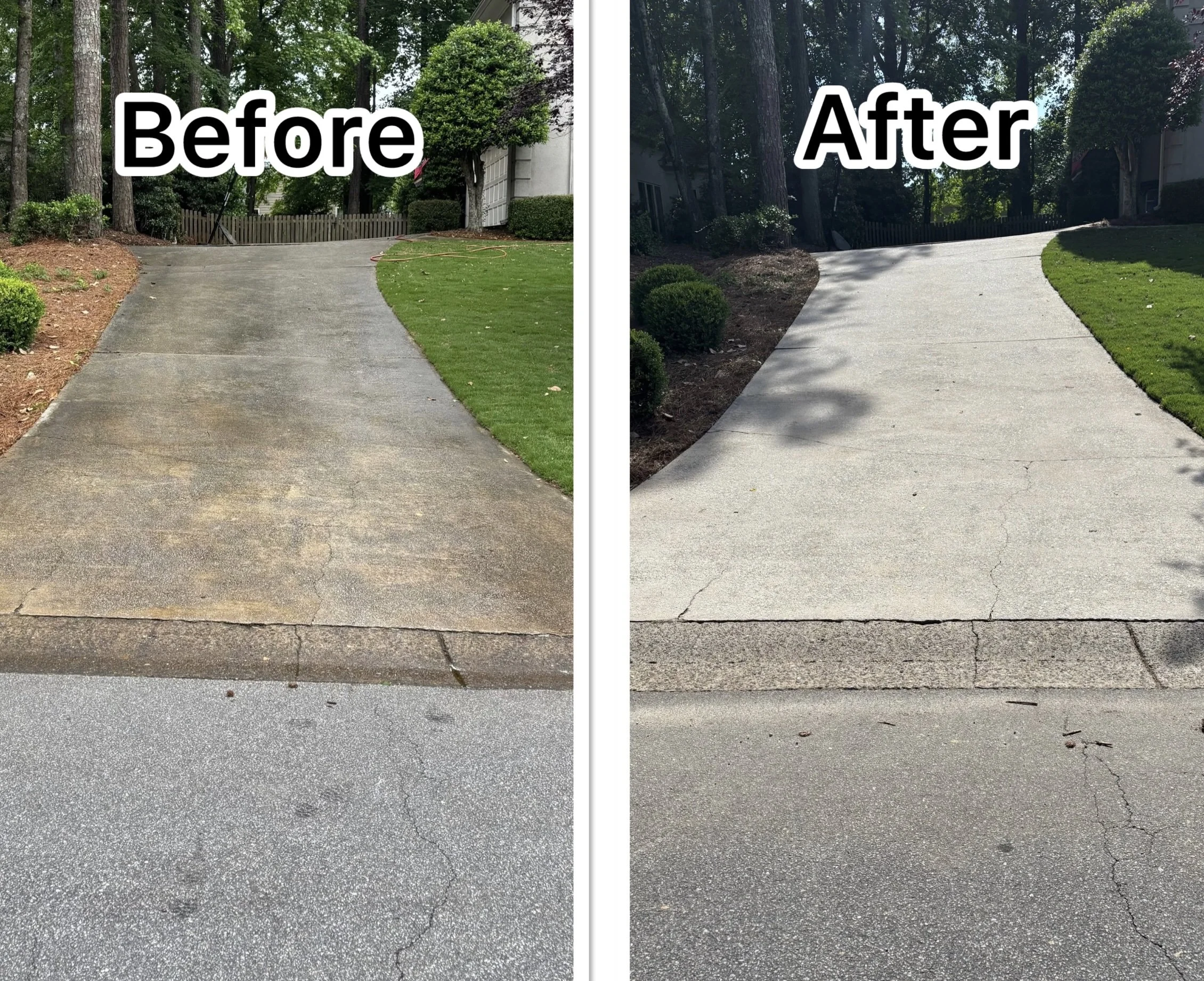 Comparison of a driveway before and after cleaning or resurfacing; the before side shows a darker, stained surface with cracks, while the after side shows a cleaner, lighter surface with fewer visible cracks.
