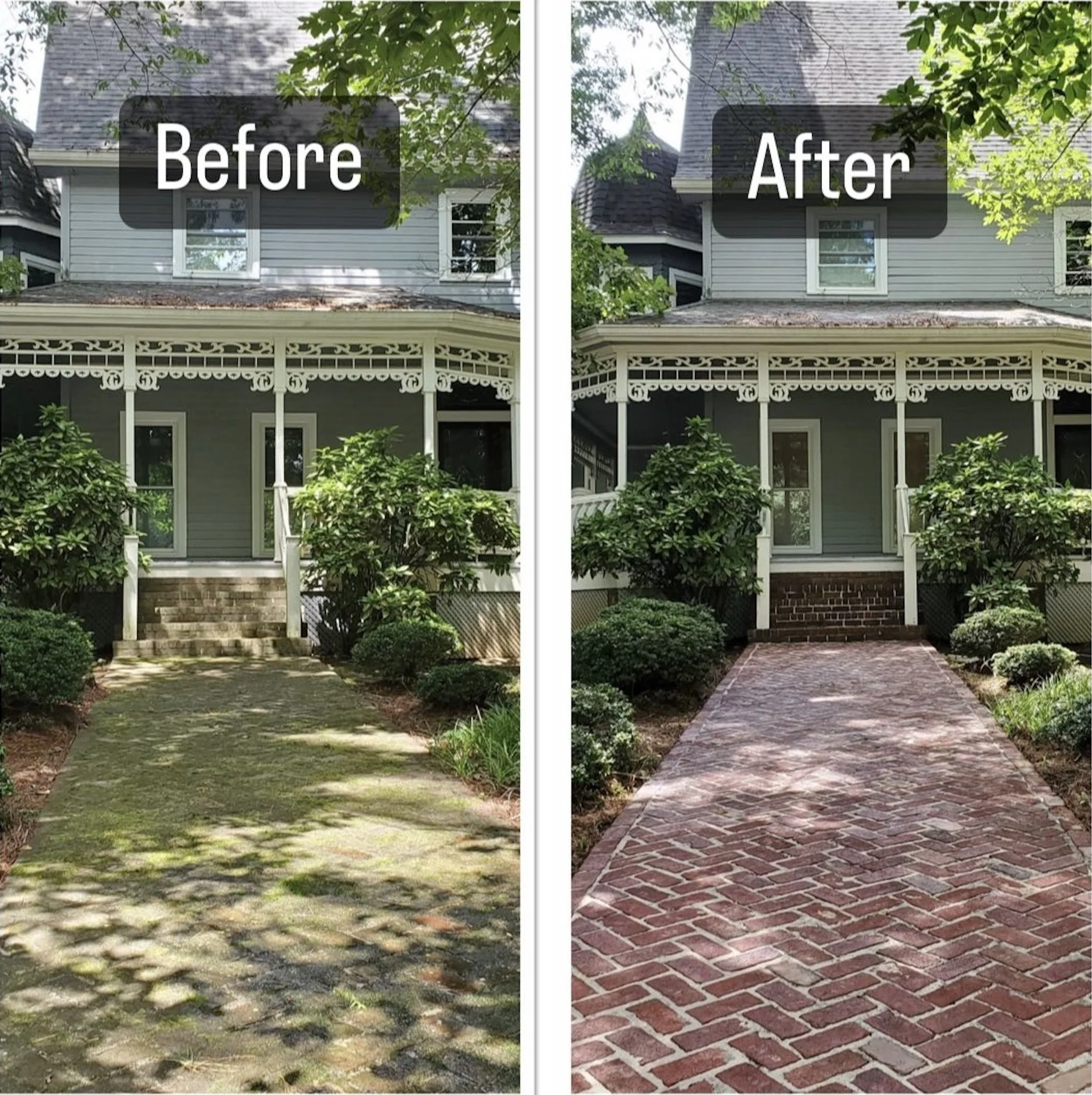 Comparison of house front yard before and after landscaping: the 'before' side shows an overgrown mossy pathway with uneven stones, while the 'after' side features a clean, red brick paved walkway leading to the house entrance.
