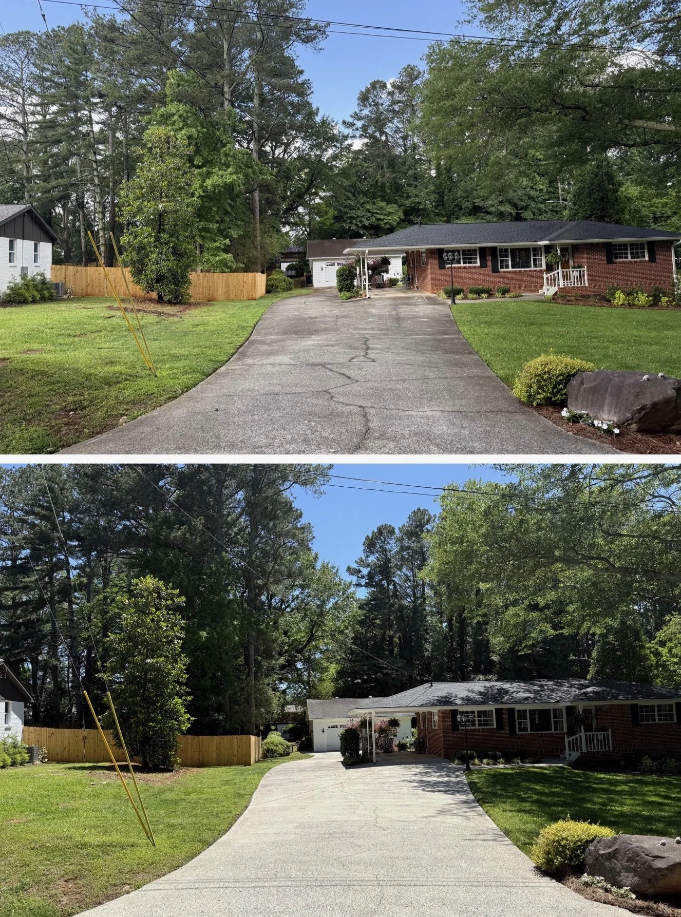 Comparison of a concrete driveway before and after cleaning, showing a stained driveway in the top image and a clean, bright driveway in the bottom image.