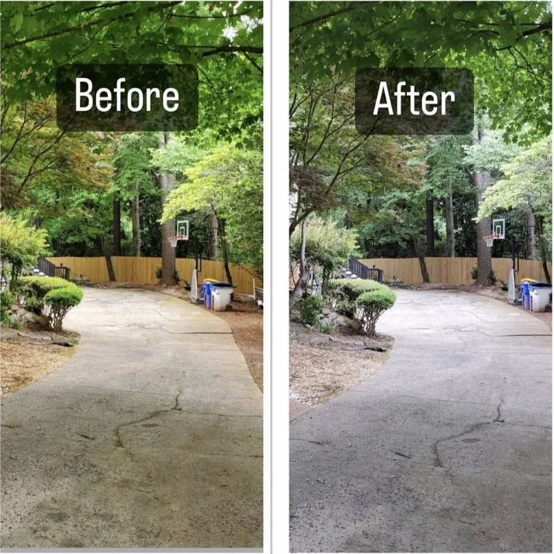 Side-by-side comparison of a paved driveway area shown in a 'Before' and 'After' format. The 'Before' image displays a cracked and worn concrete surface with some patches. The 'After' image shows a smoother, more evenly paved surface with fewer cracks. Both images include trees, bushes, a basketball hoop, and what appears to be a fenced backyard in the background.