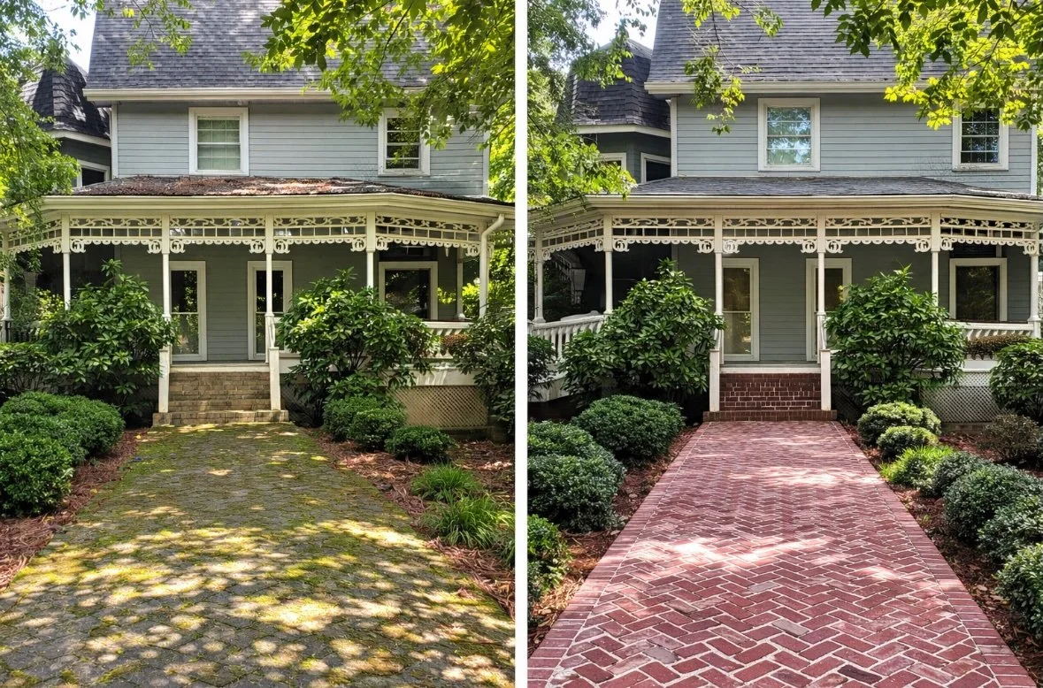 Before and After of a filthy brick pathway, and a freshly DTL Pressure Washed brick pathway.