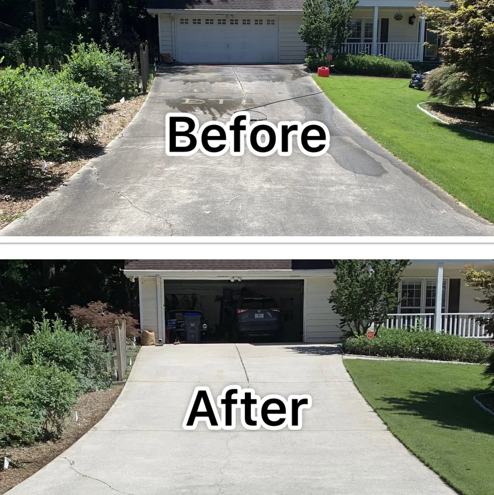 Comparison of a driveway before and after cleaning, showing a cleaner, brighter concrete surface in the after image.