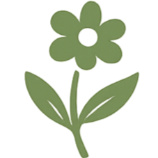 A simple, stylized green flower with a round center and five petals, two leaves, and a short stem.