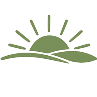 Simple green sunset icon with sun rising behind rolling hills