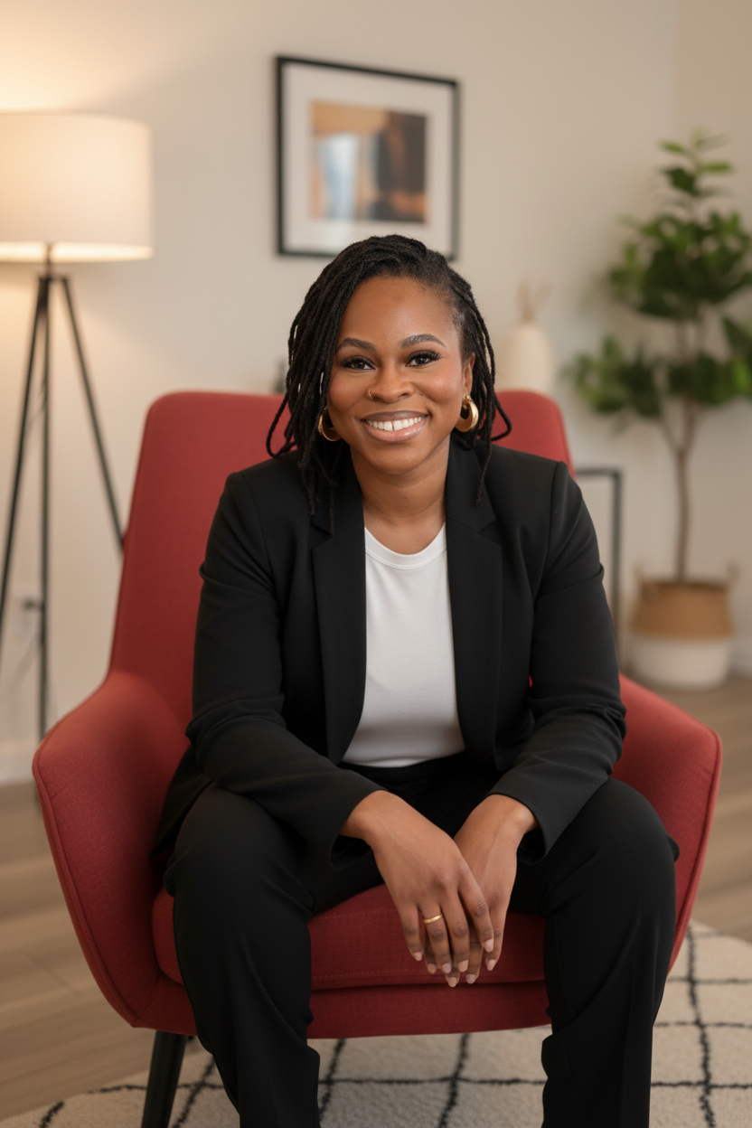 A smiling woman with dark hair in dreadlocks, wearing a black blazer and pants, sitting on a pink armchair in a well-lit living room with a lamp, framed photo on the wall, and houseplants.