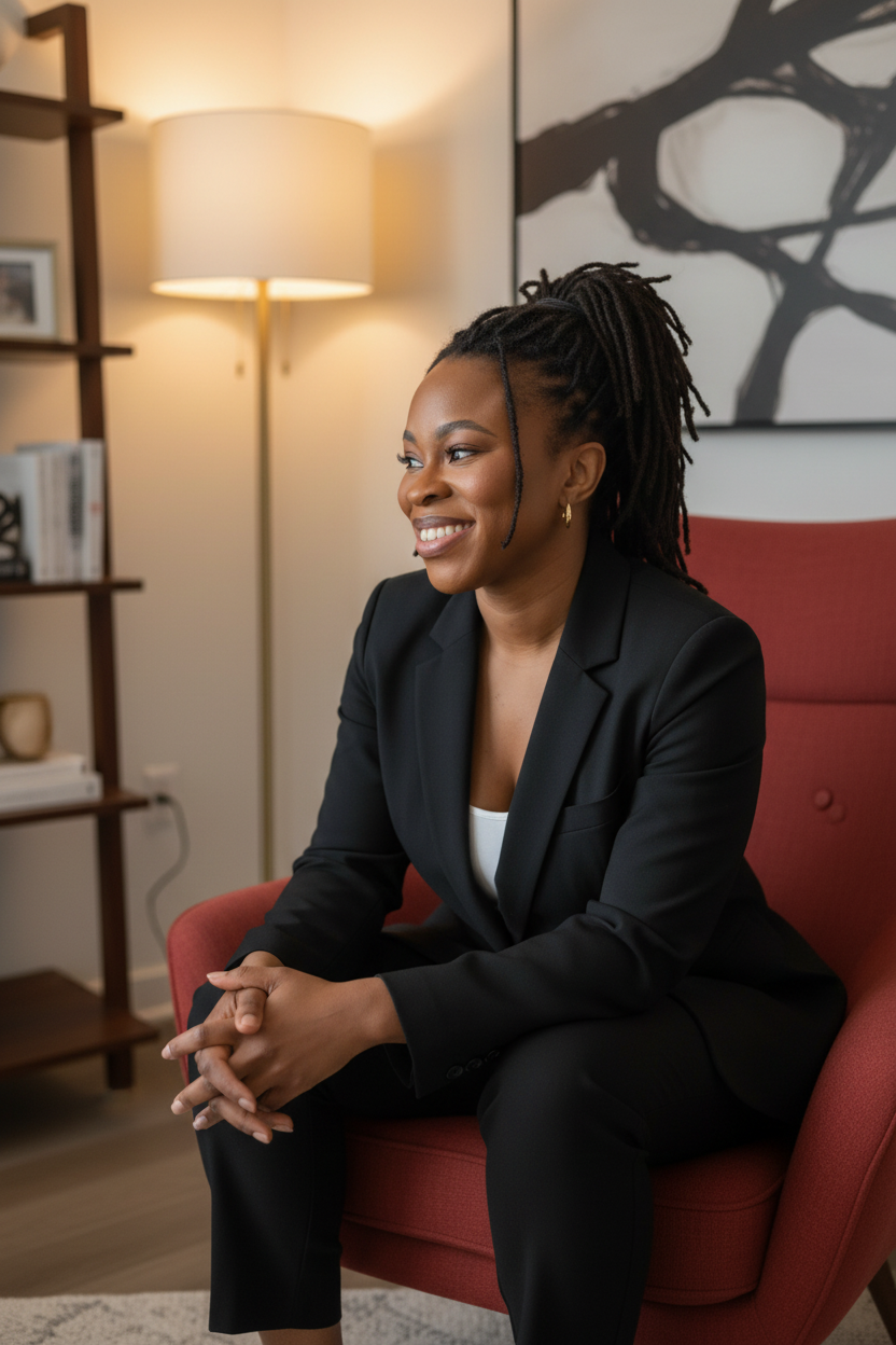 A woman with braided hair sitting on a red armchair, smiling, in a room with a lamp and a bookshelf.