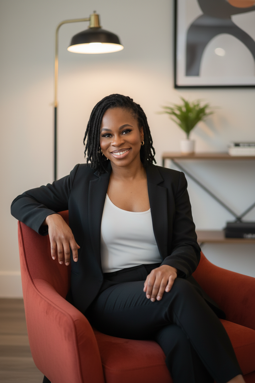 A woman with dark skin and dreadlocks sitting in a red armchair, smiling in a modern office with a desk, plant, and artwork in the background.