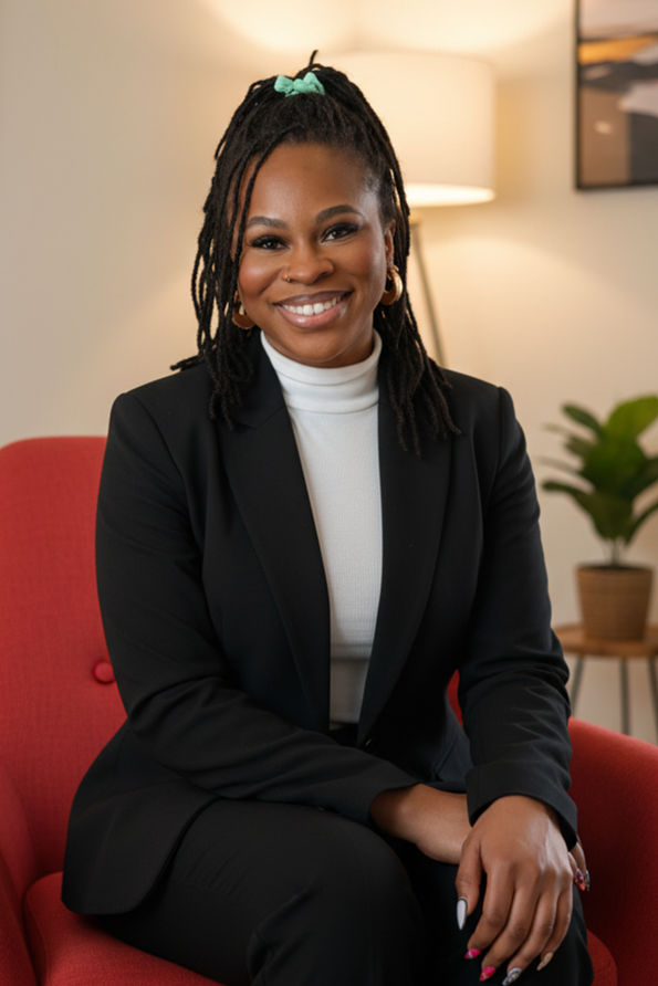 A smiling woman with dreadlocks, wearing a white turtleneck and black blazer, sitting on a red chair in a room with a lamp and a potted plant in the background.