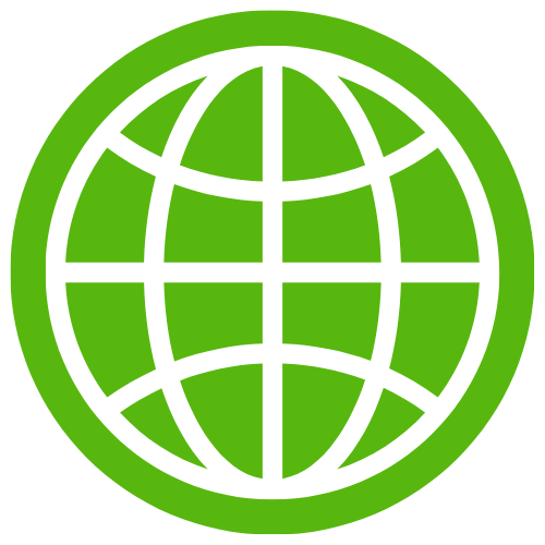 Green globe icon with white grid lines representing world connectivity.