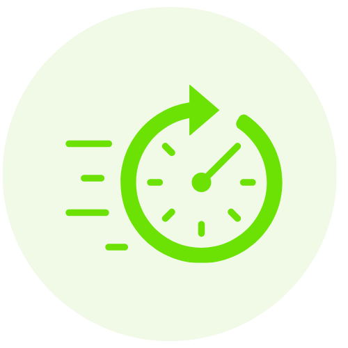 Green clock with motion lines indicating speed, symbolizing fast or quick time.