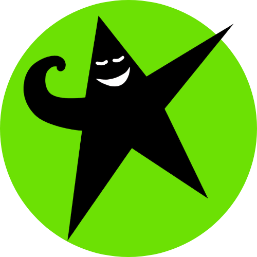 A smiley face star with a party hat, holding a cane, on a green circular background.