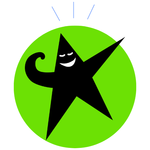 A green circular badge with a smiling star character holding a coffee mug, and three lines above indicating motion or speed.