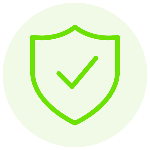 Green shield outline with checkmark in the center on a light green circular background.