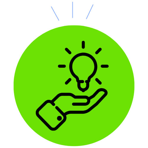 Hand holding a light bulb icon on a green circular background.