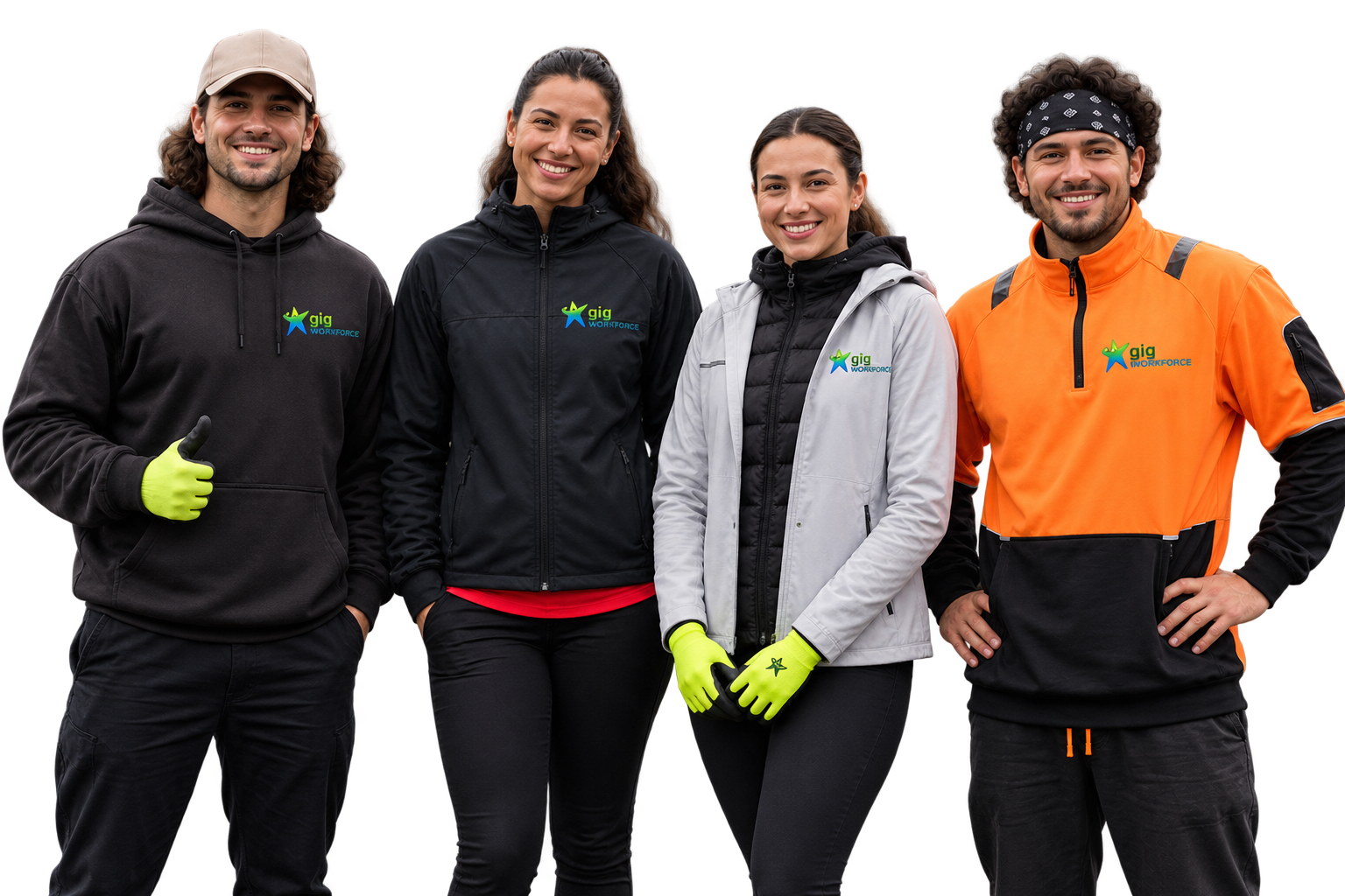 Group of four smiling people wearing branded workwear, standing outdoors. Left to right: man in black hoodie with yellow glove giving thumbs up, woman in black jacket, woman in gray jacket with yellow gloves, man in orange jacket with black accents and bandana. All have the logo 'Gig Workforce' on their clothing.