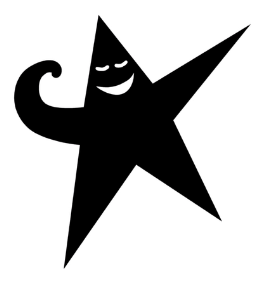 Smiling star character with a curl on its side, drawn in black and white.