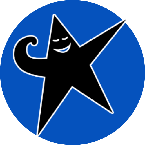 A black star with a smiling face and closed eyes, wearing a party hat, set against a blue circular background.