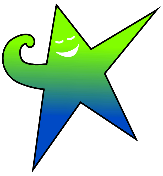 Colorful star with a smiling face, a curling arm, and the star's points are elongated and sharp, set against a black background.
