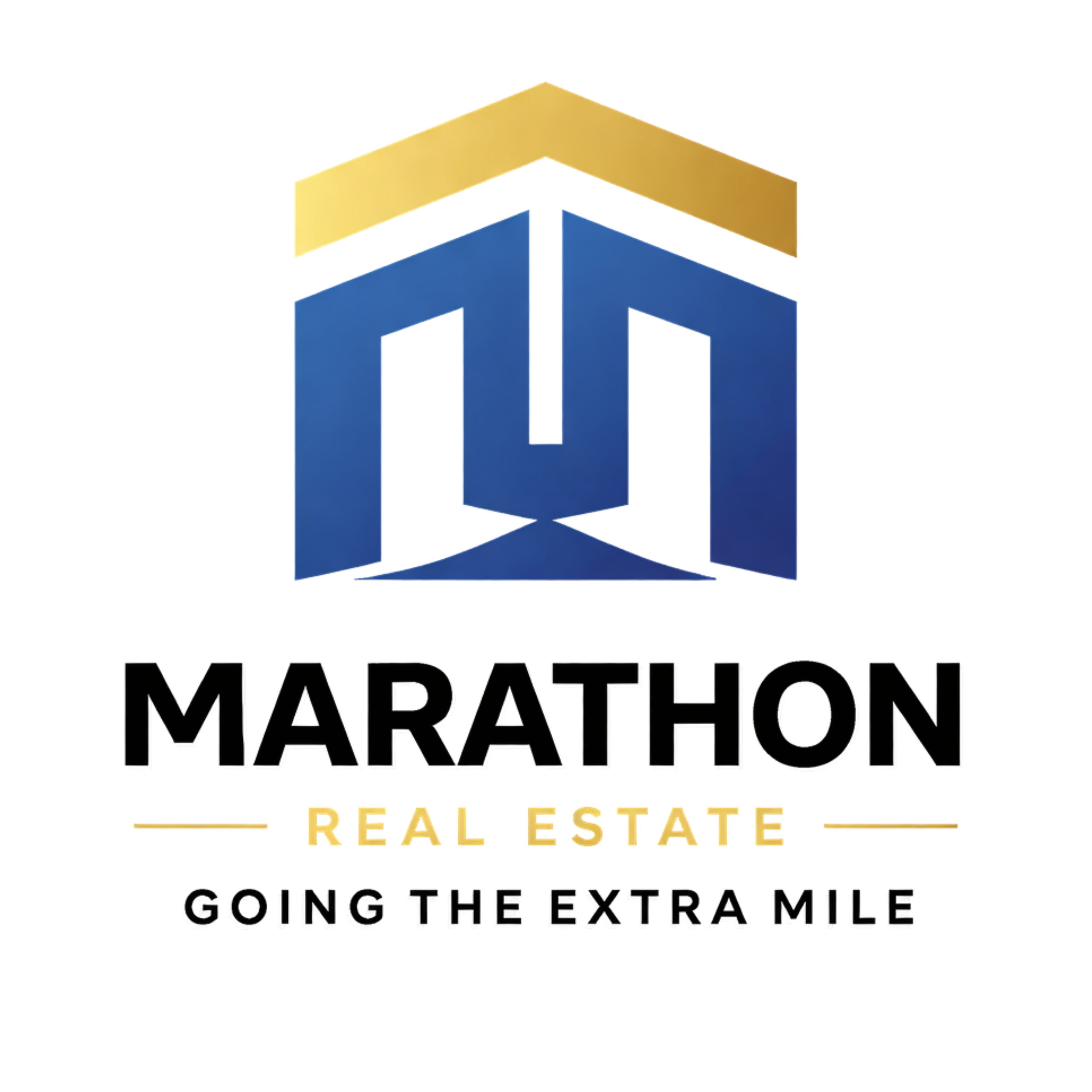 Marathon Real Estate logo with a stylized house in blue and gold, slogan 'Going the Extra Mile'.