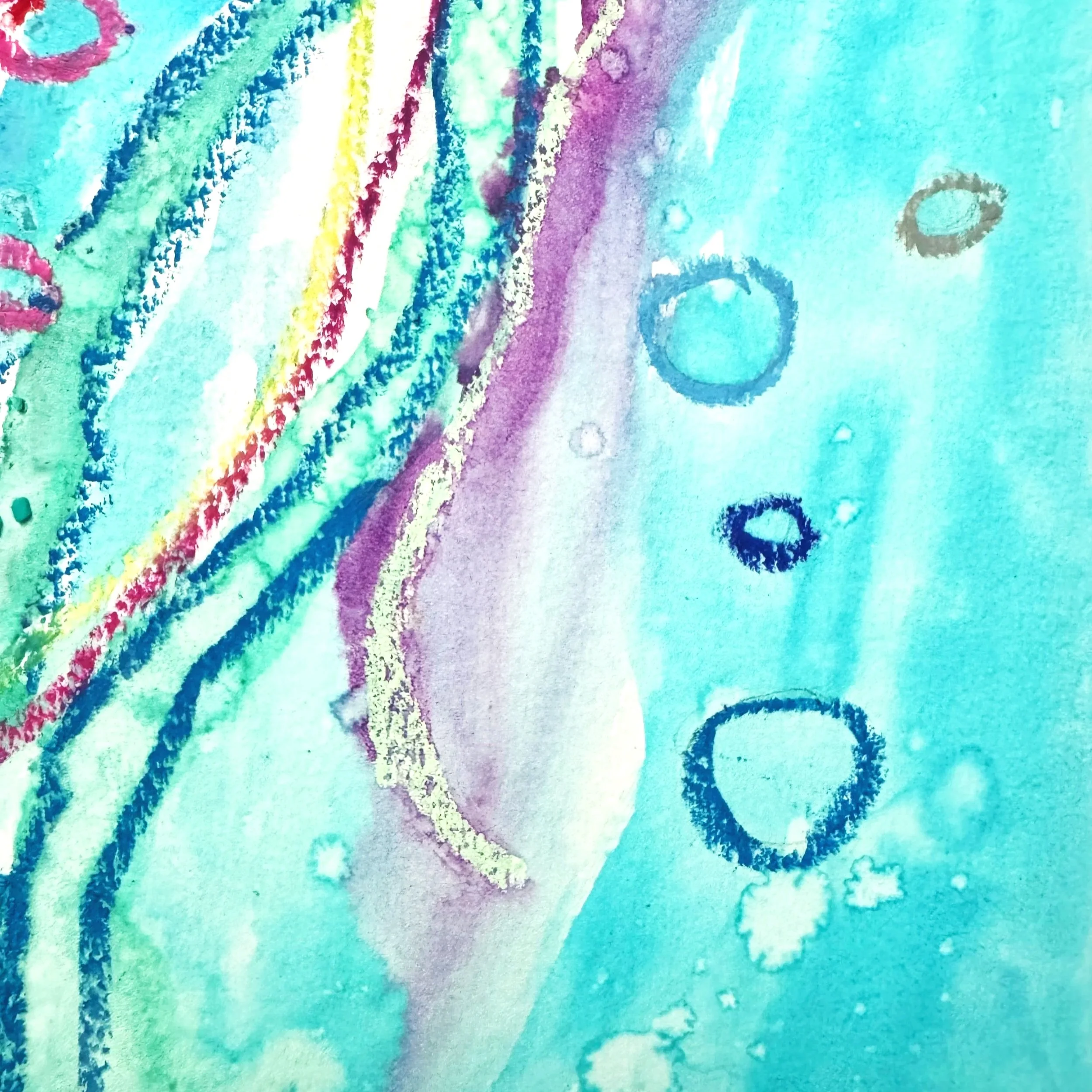 Abstract watercolor painting with shades of blue, purple, green, and yellow, featuring circular shapes and textured lines.