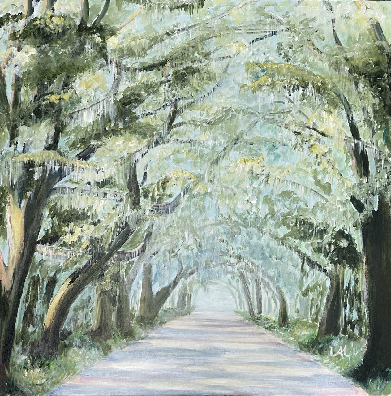 A painting depicting a tree-lined path with arches formed by the branches and leaves overhead, in soft, natural colors.