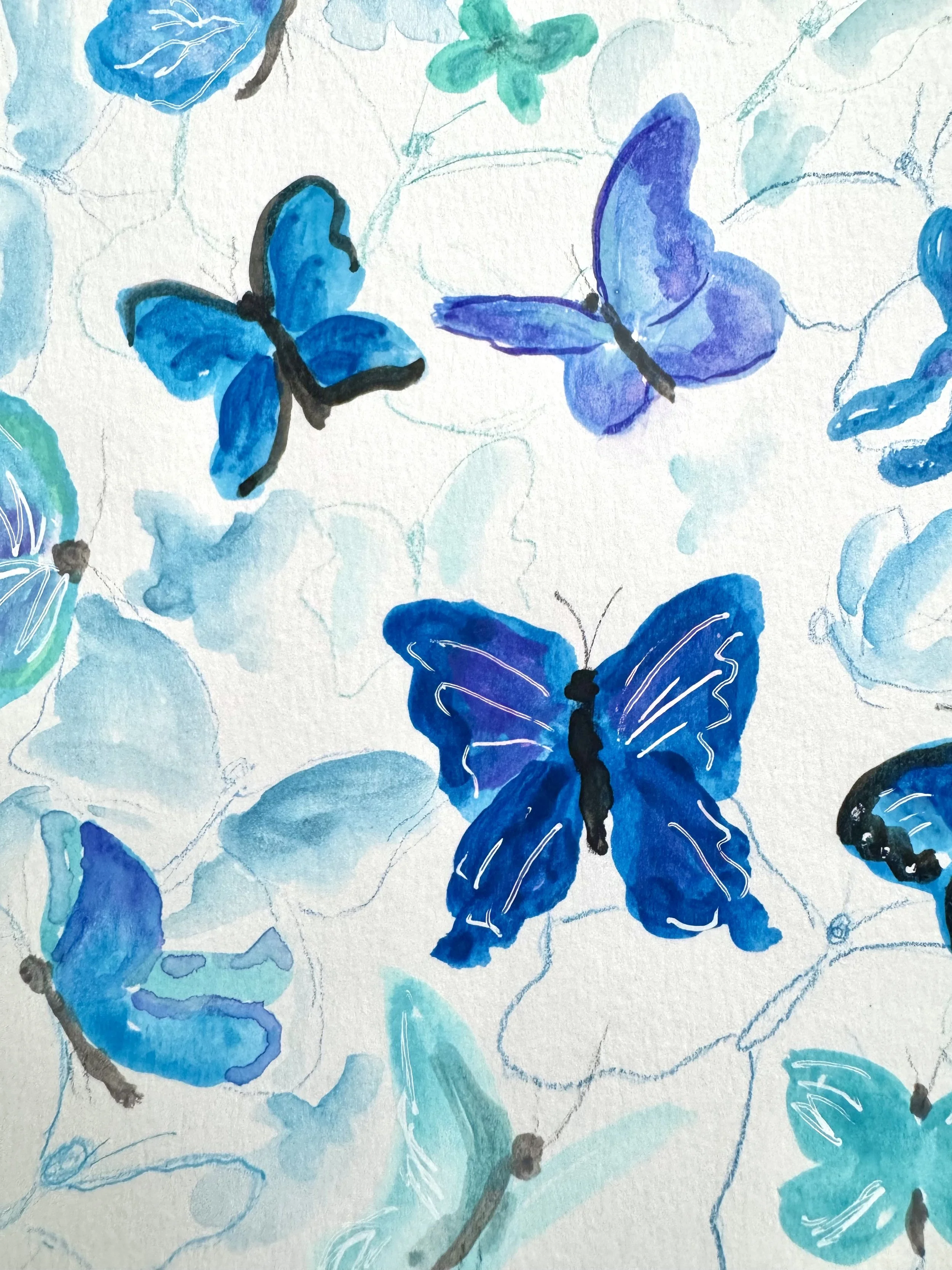 Watercolor painting of blue butterflies on a white background.