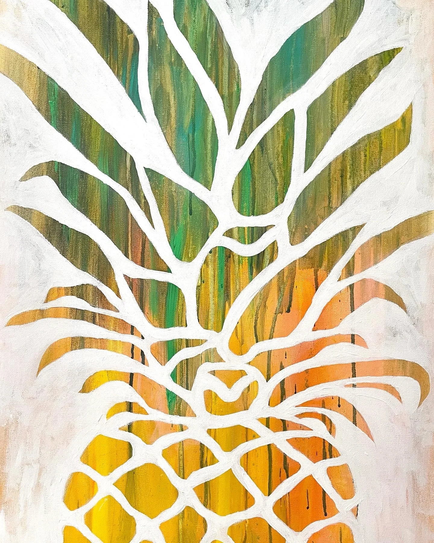 A painting of a pineapple with fall colors, featuring a white cutout of the pineapple's outline over a multicolored background of green, yellow, and orange hues.