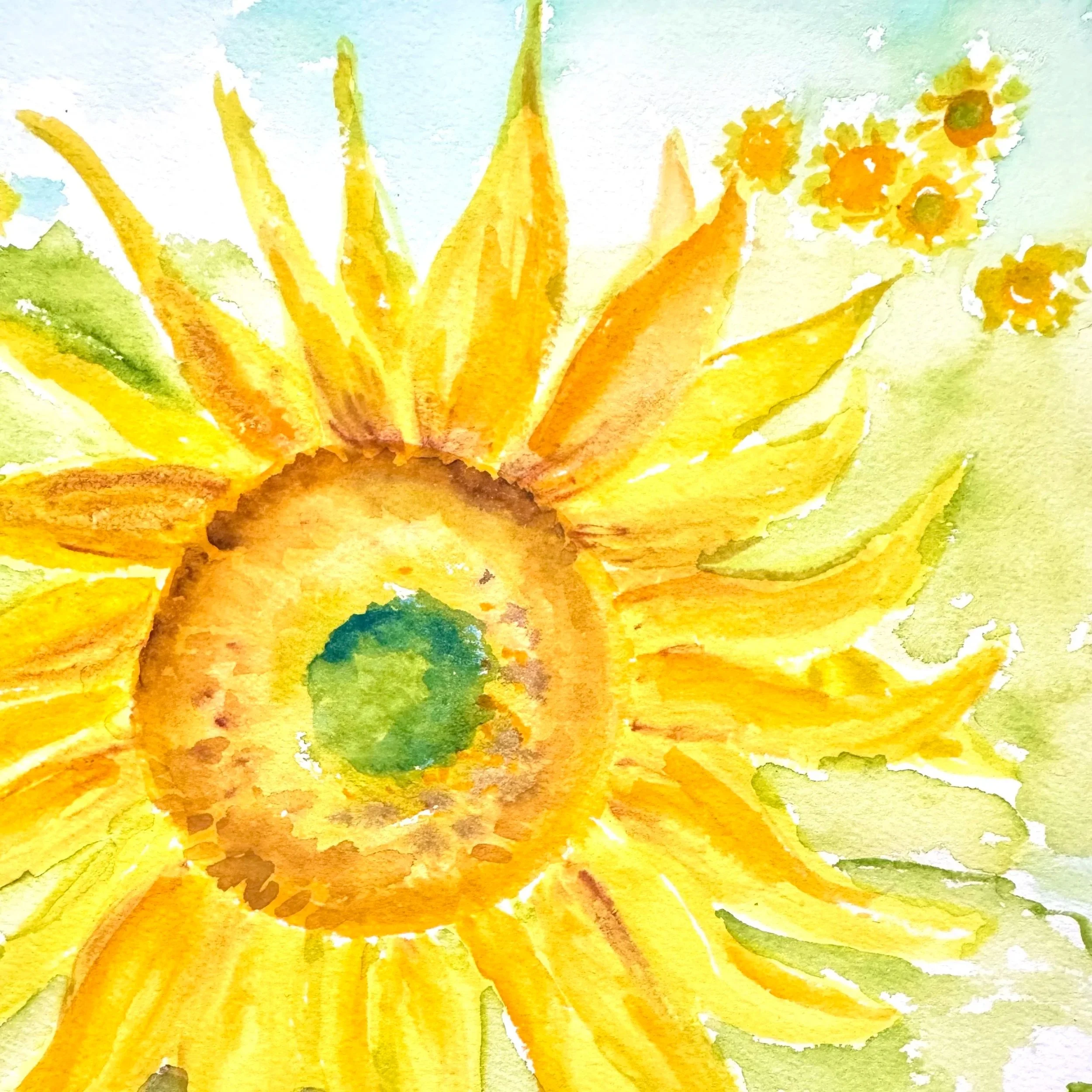 Watercolor painting of a sunflower with yellow petals and green center, surrounded by smaller yellow flowers and greenery.