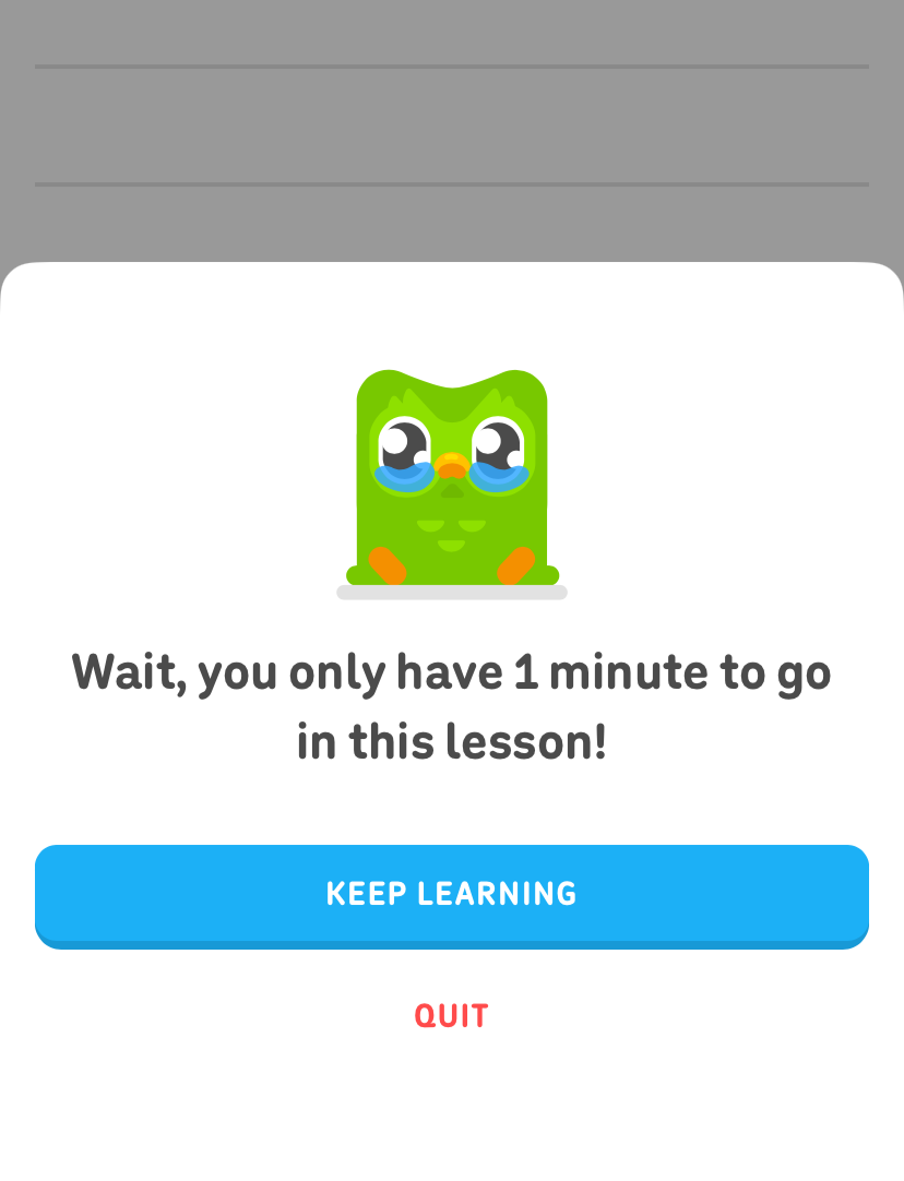 Screen with cartoon green frog character with big eyes and tears, message about 1 minute remaining in a lesson, buttons labeled "Keep Learning" and "Quit."