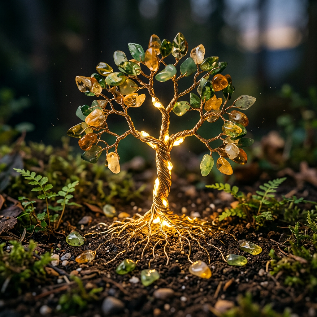 A decorative tree sculpture made of twisted wire with small amber and green stones as leaves, illuminated from within, sitting on soil with small green plants around.