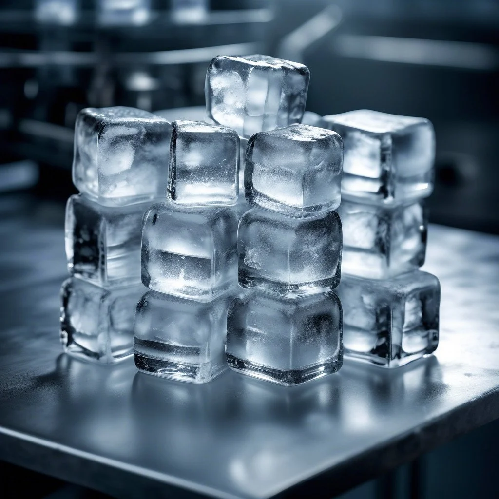 A stack of ice cubes on a metallic surface.