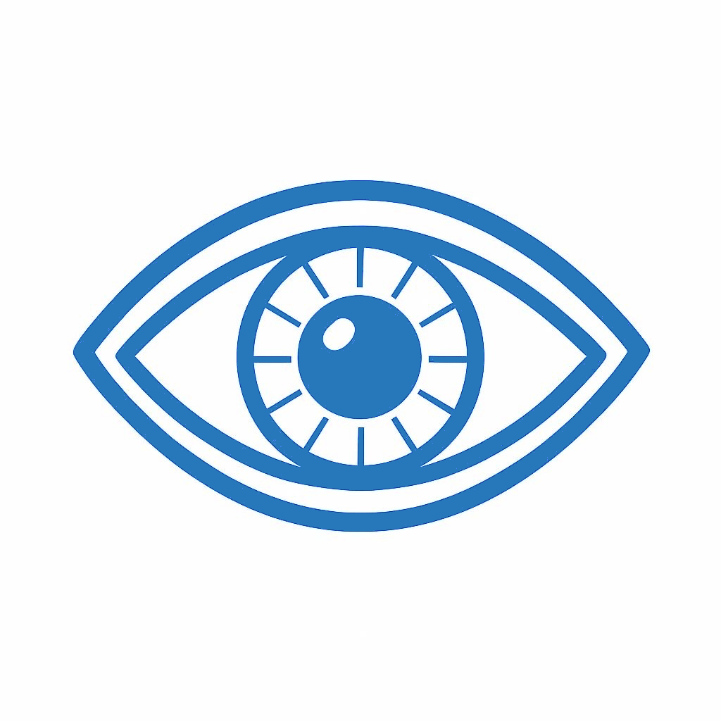 Stylized blue eye with a circular iris and radiating lines in the center.