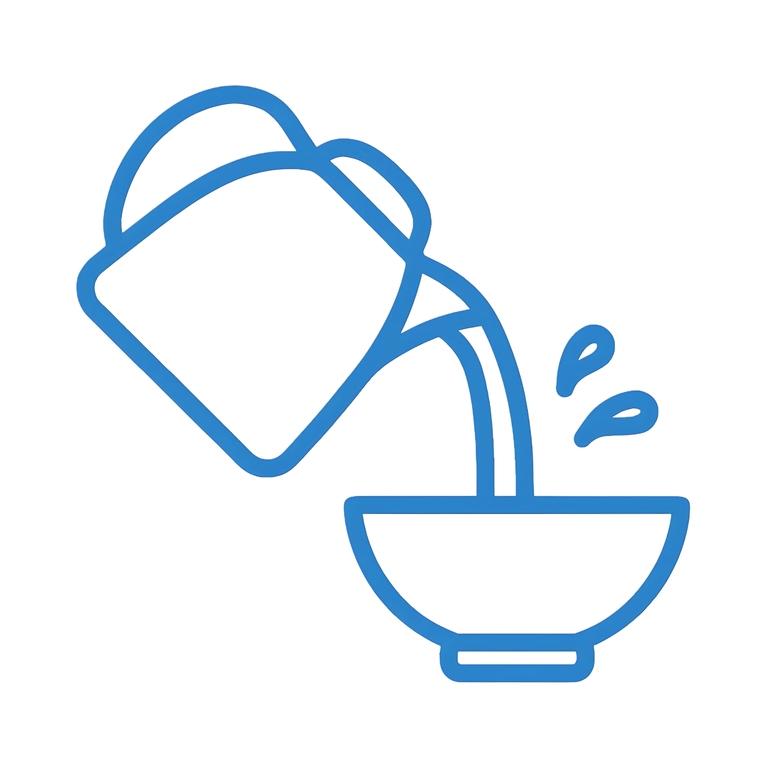 Outline of a watering can pouring liquid into a bowl with water droplets nearby.