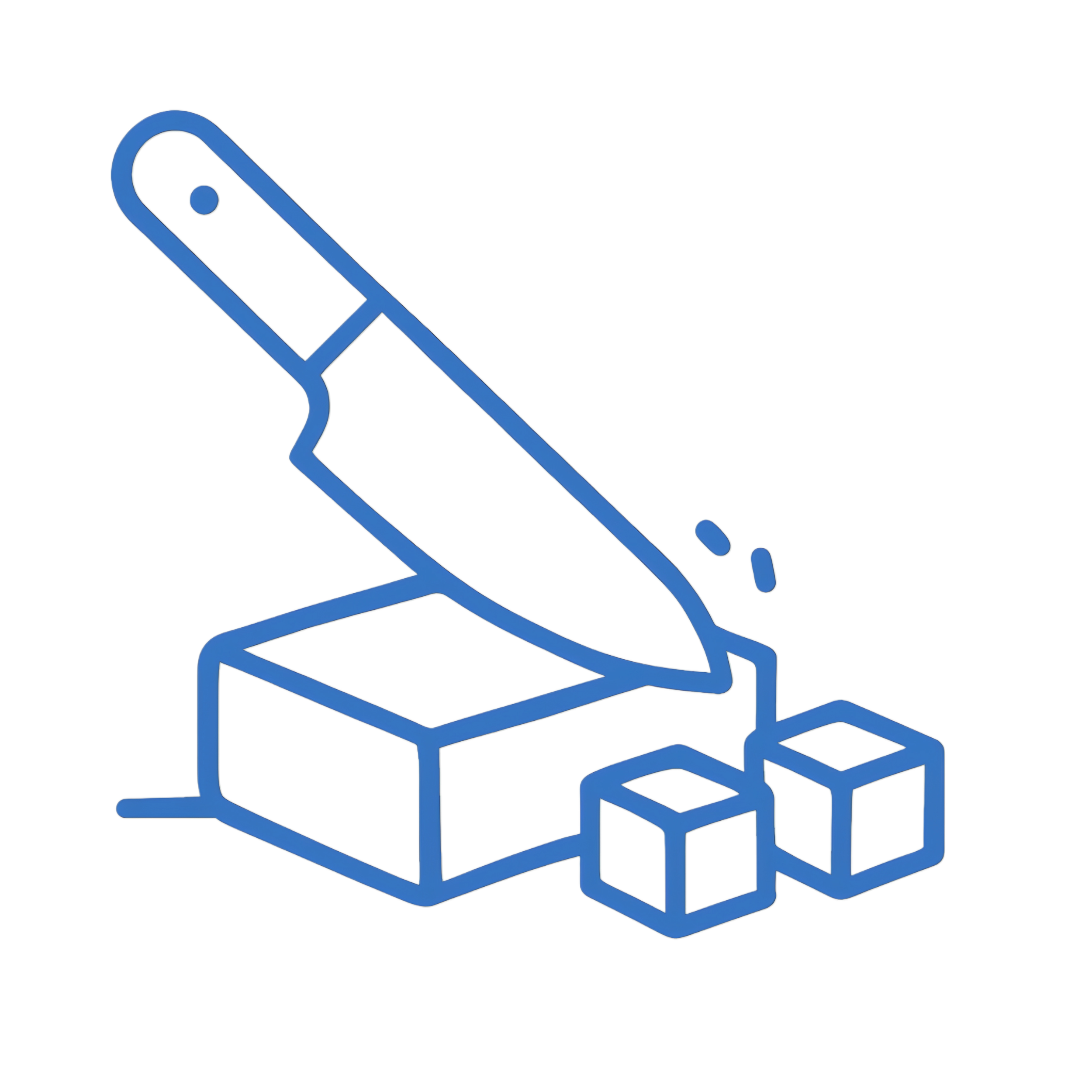 Illustration of a chef's knife chopping vegetables on a cutting board with sliced pieces nearby.