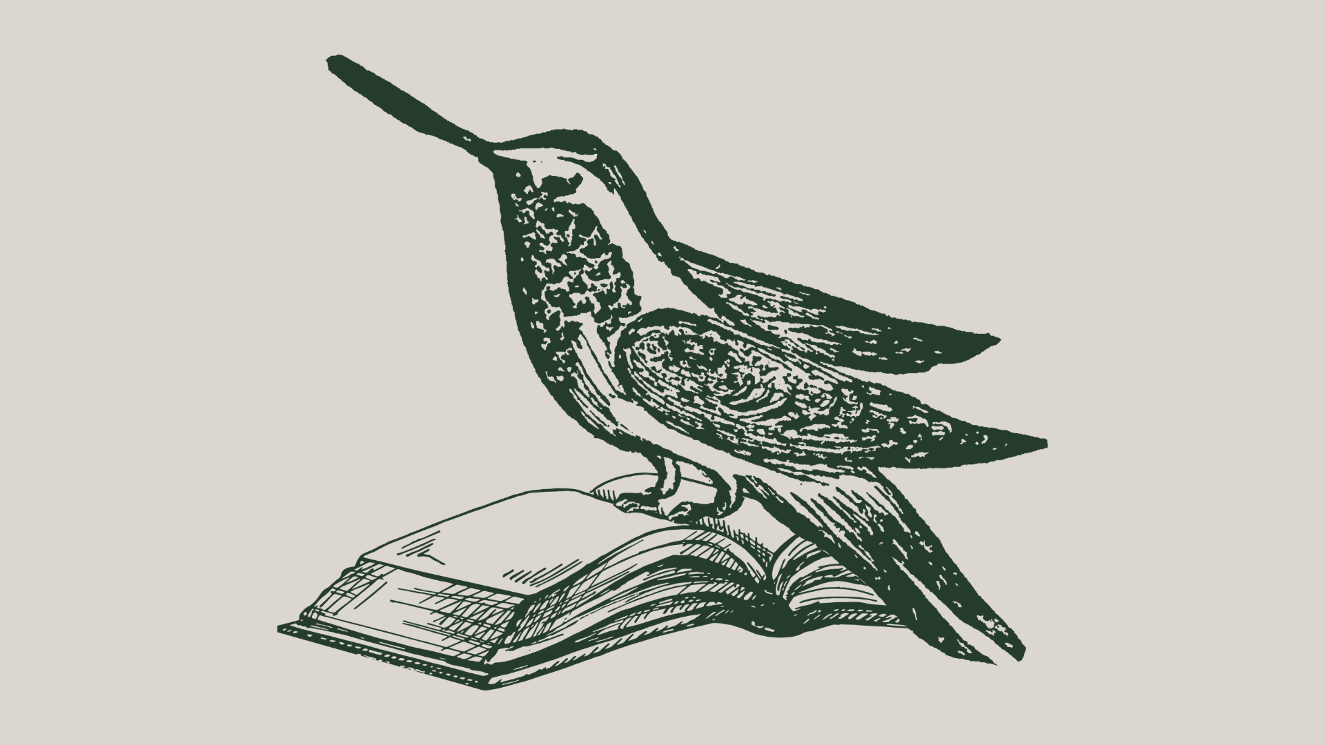 A vintage illustration of a hummingbird perched on an open book, with another book beneath.