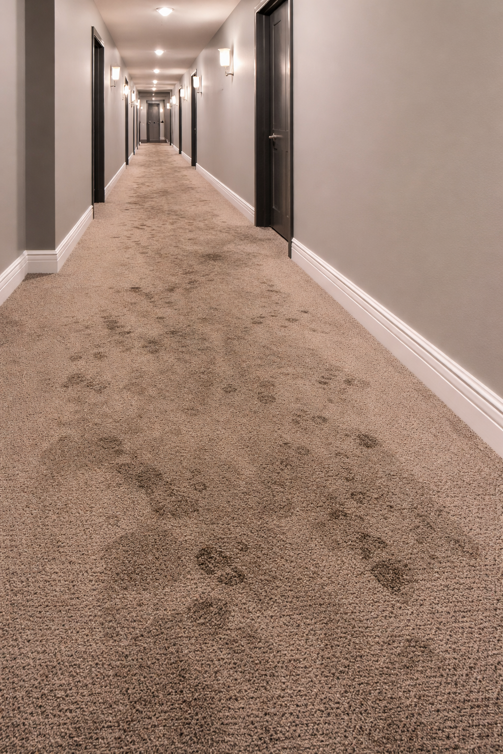 Long hotel corridor with beige carpet, gray walls, and black doors. Wall-mounted lights illuminate the hallway.